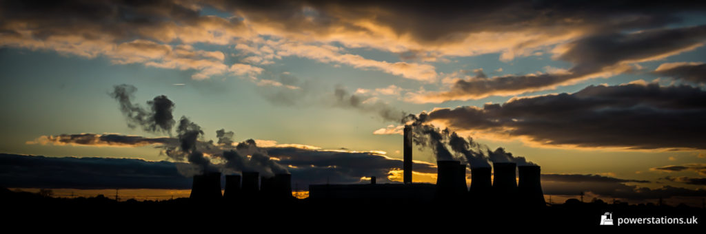 Silhouette of Drax Power Station at sunset